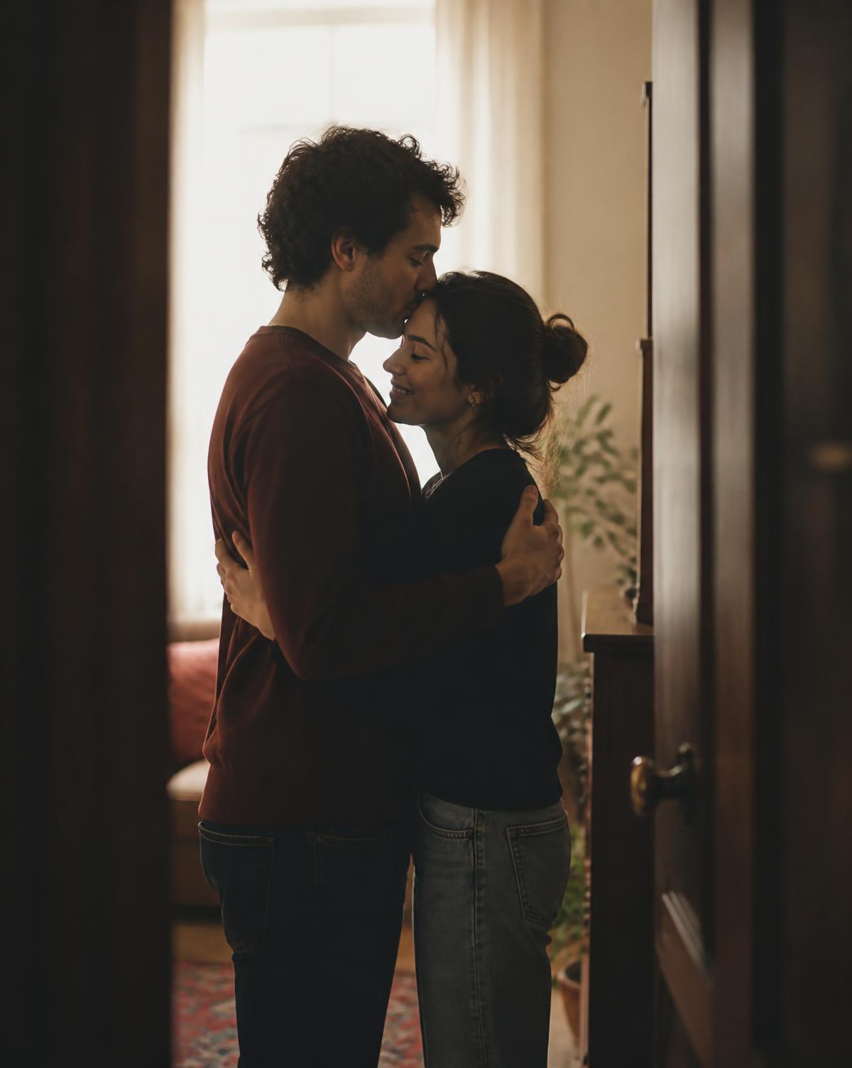 Casal se abraçando na porta de casa